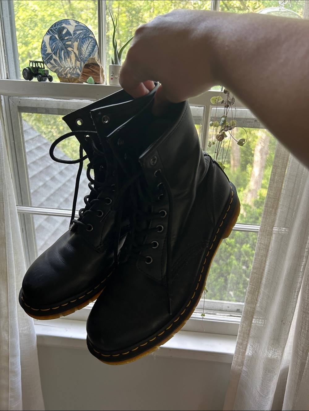 Dr. Martens Black Lace-Up Leather Boots with Yellow Stitching
